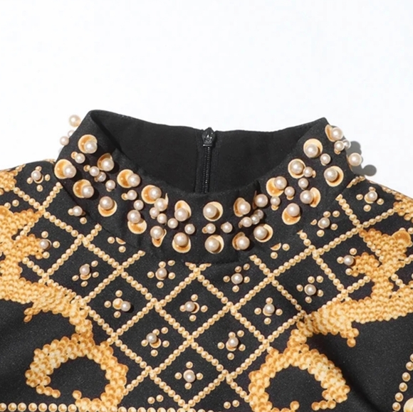 Dresses For Women Round Neck Long Sleeve High Wiast Spliced Pearls Slimm Dress - Picture 6 of 8